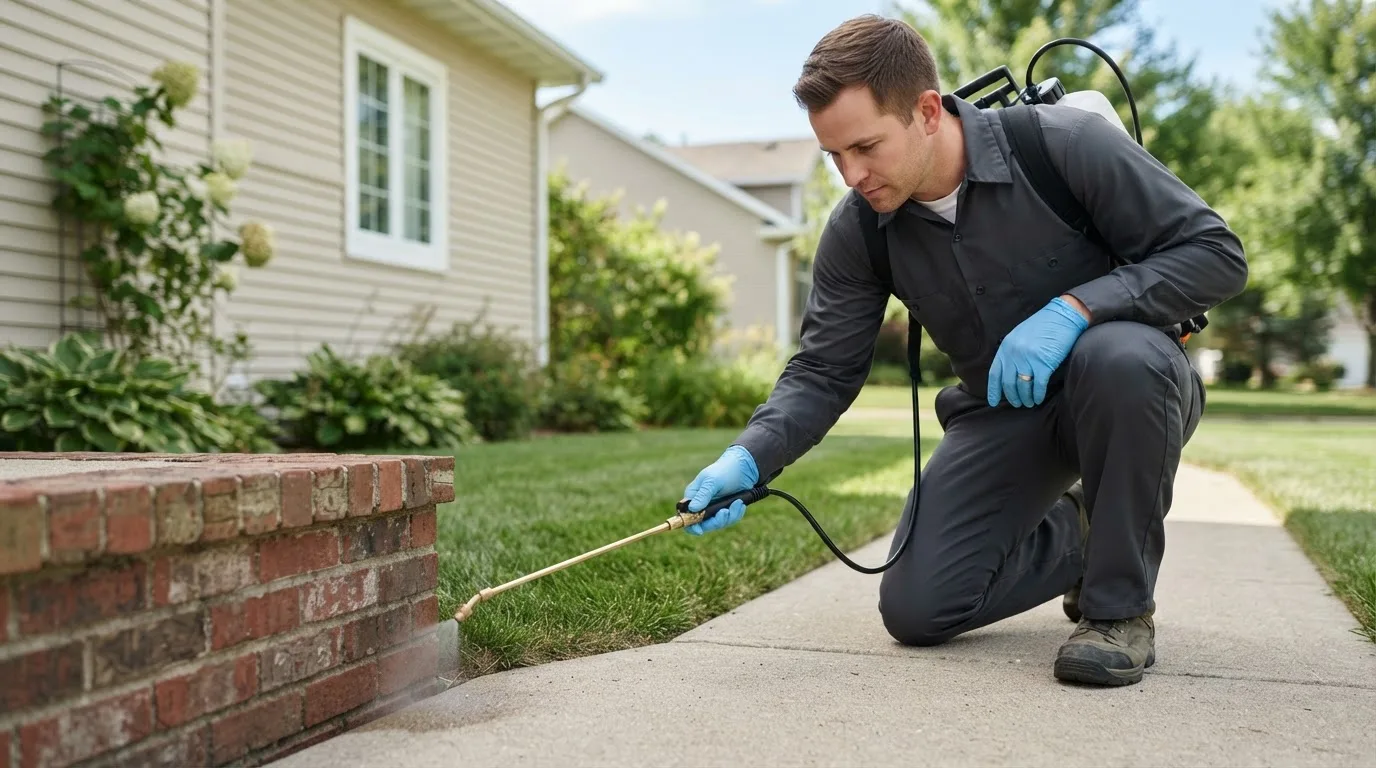 Pest control technician treating a home near Rutland, ND